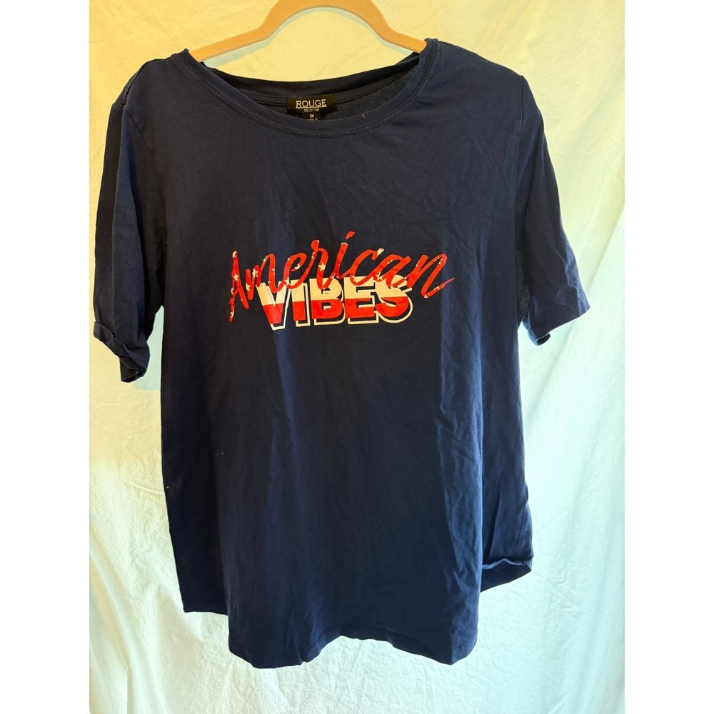 Rouge Collection Womens Navy Blue American Vibes Graphic T-Shirt Plus Size 1X‎